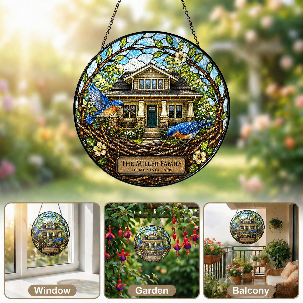 Personalized Family Name Home Bluebird Nest Stained Glass Suncatcher