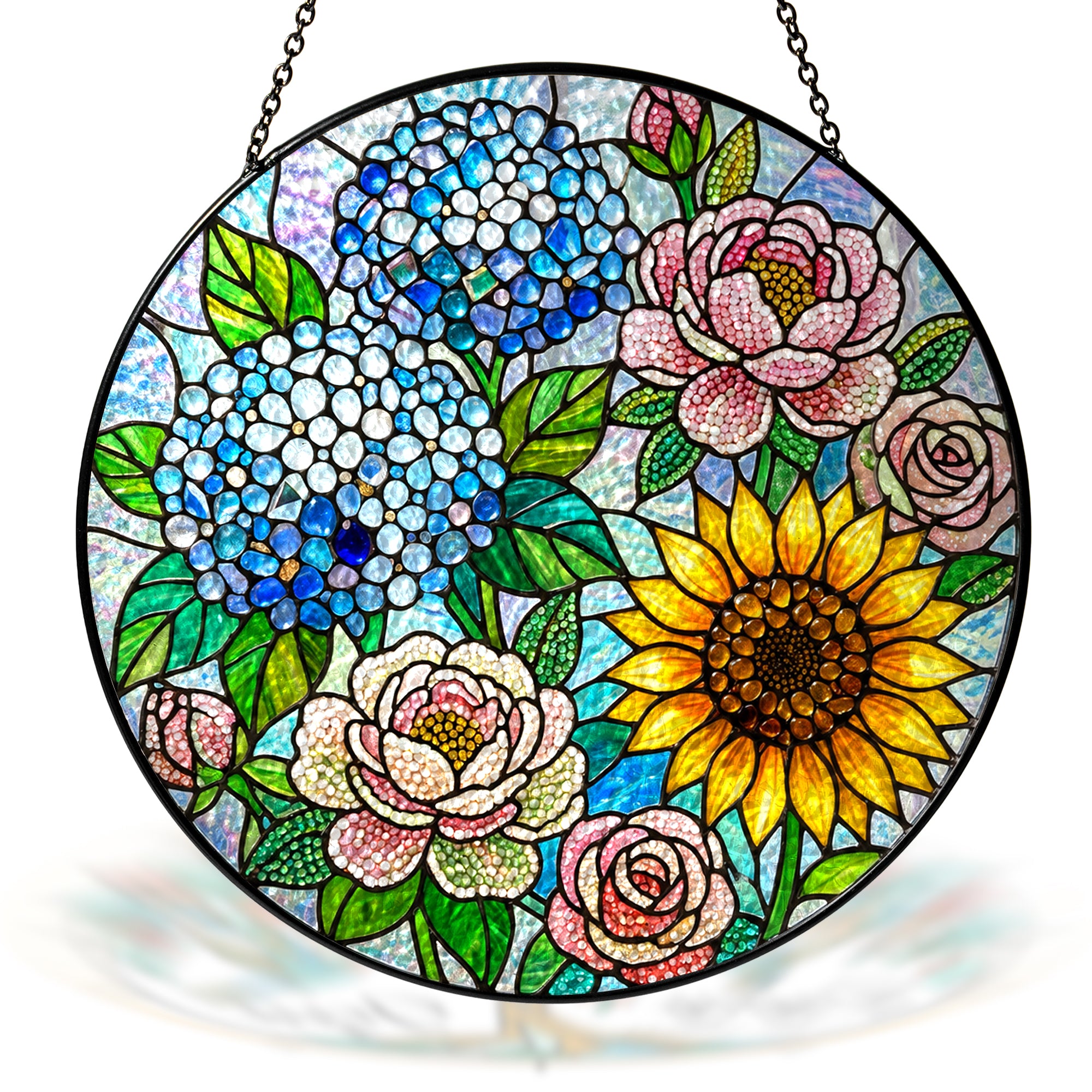 Hydrangea Sunflower Rose Stained Glass Suncatcher
