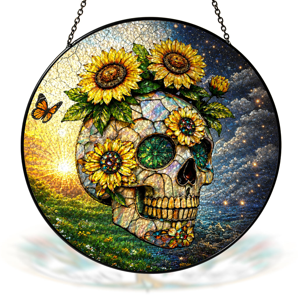 Sunflower Skull Stained Glass Suncatcher