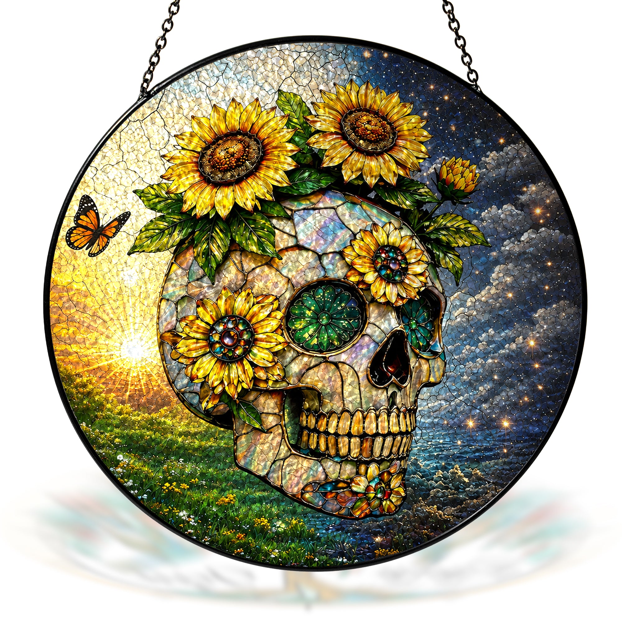 Sunflower Skull Stained Glass Suncatcher