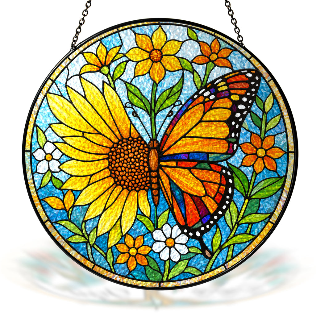 Sunflower & Monarch Butterfly Stained Glass Suncatcher