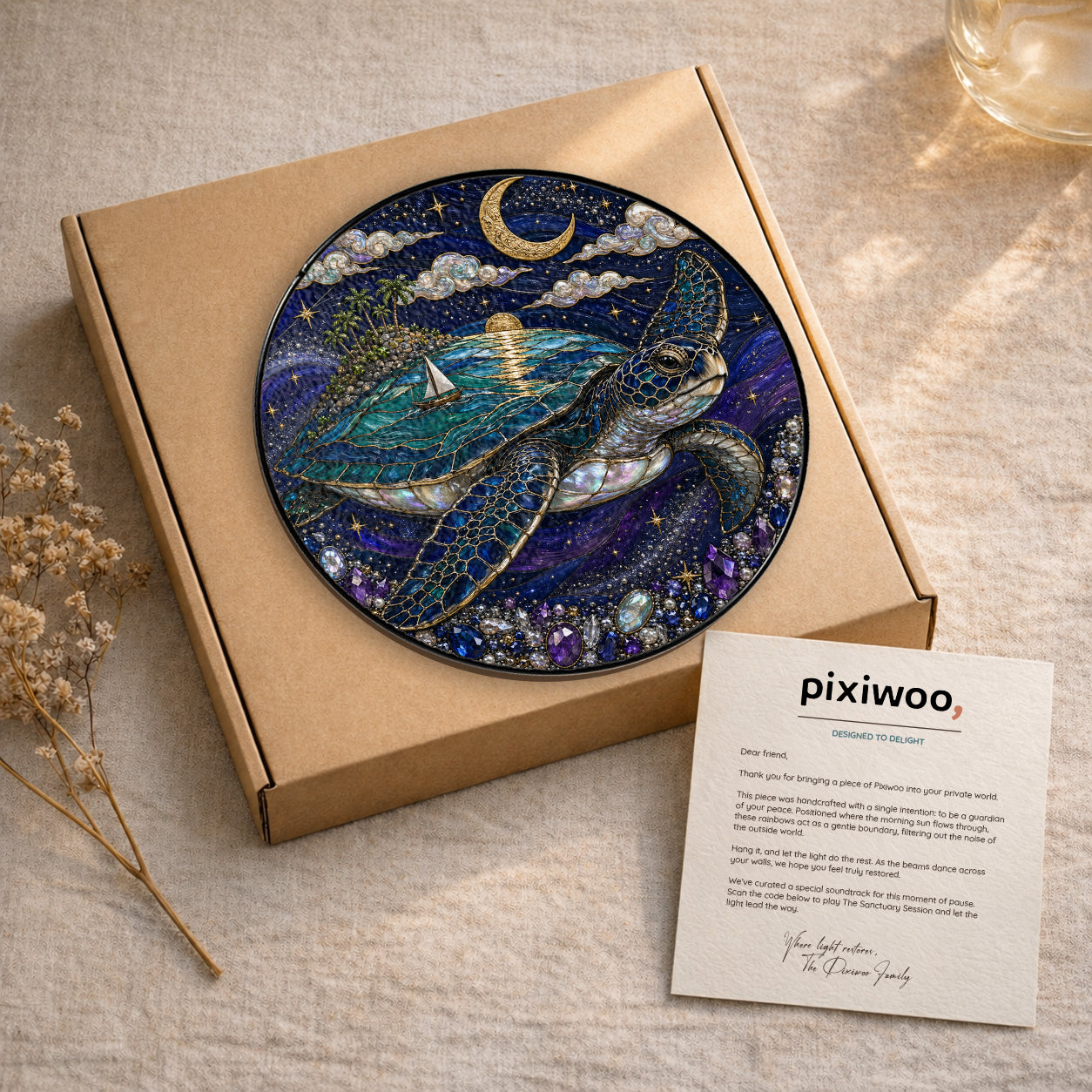 [PIXIWOO] Stained Glass Suncatcher Sea Turtle Window Hanging Decor, Ocean Turtle Island Acrylic Ornament, Moon Star Coastal Wall Art, Fantasy Beach House Sun Catcher Gift for Turtle Lovers