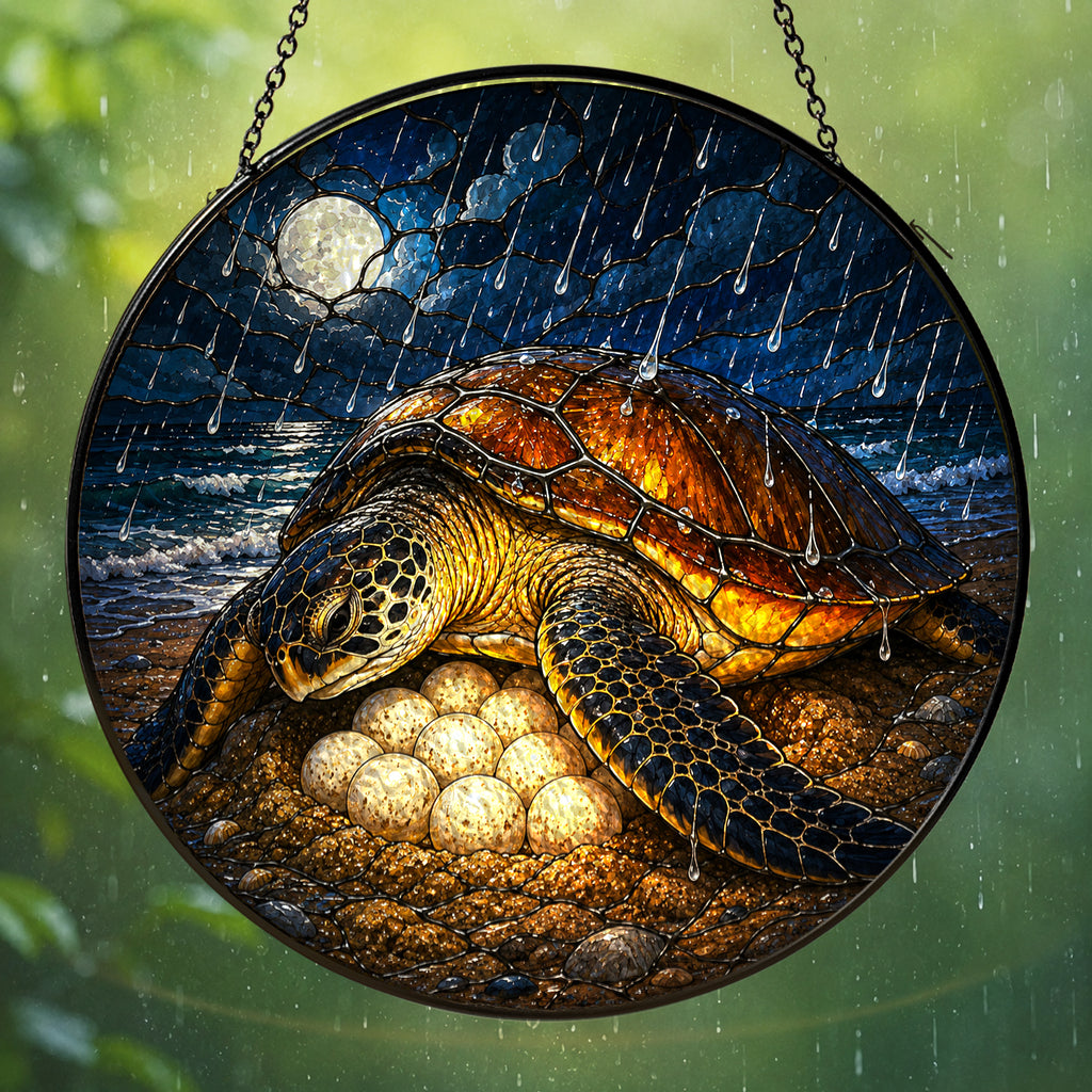 Mother Sea Turtle & Nest Stained Glass Suncatcher