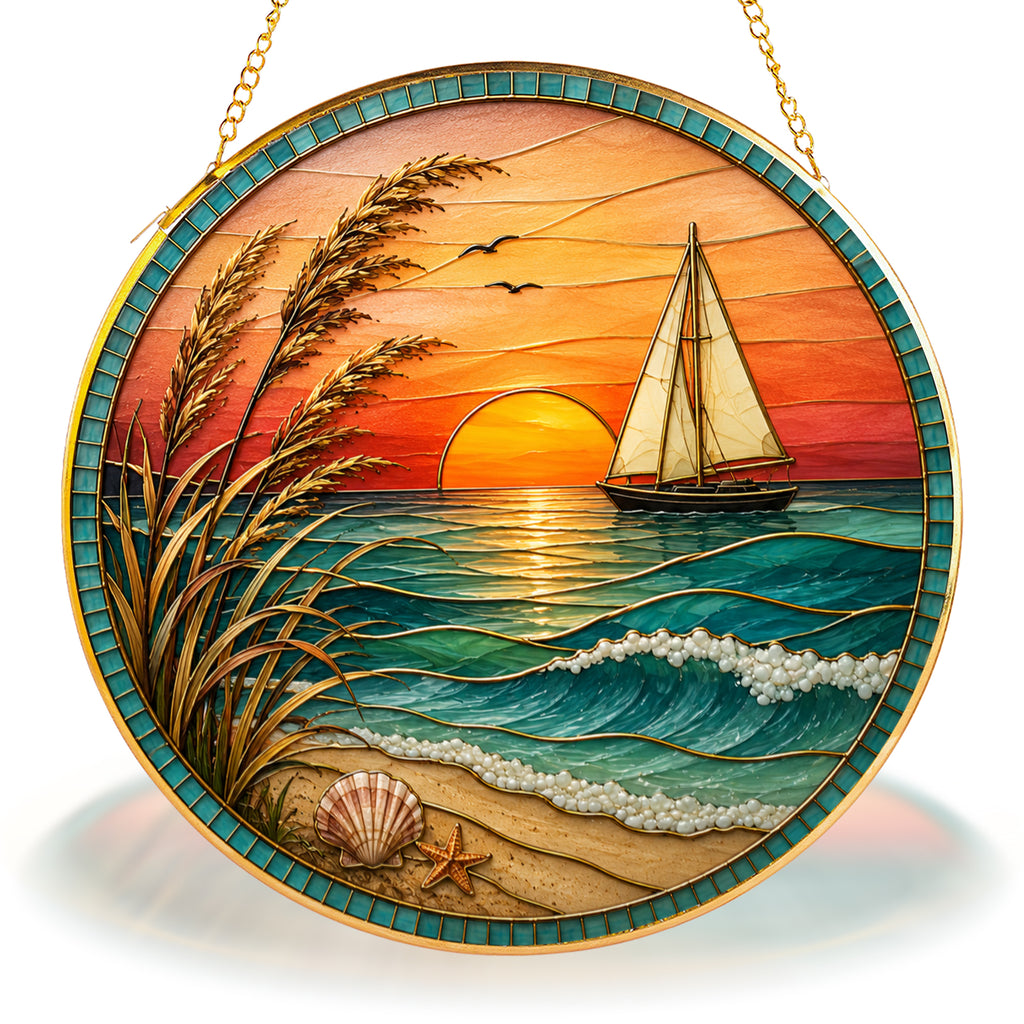 [ PIXIWOO] Stained Glass Suncatcher Sunset Sailboat Window Hanging Decor, Ocean Beach Acrylic Ornament, Coastal Beach House Wall Art, Nautical Sea Waves Sun Catcher Gift for Ocean Lovers