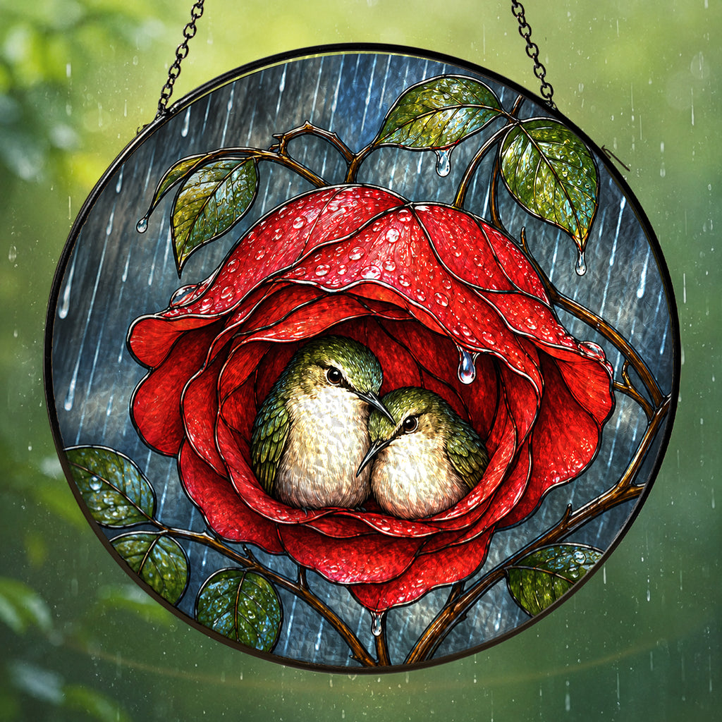 Lovebirds in a Rose Stained Glass Suncatcher