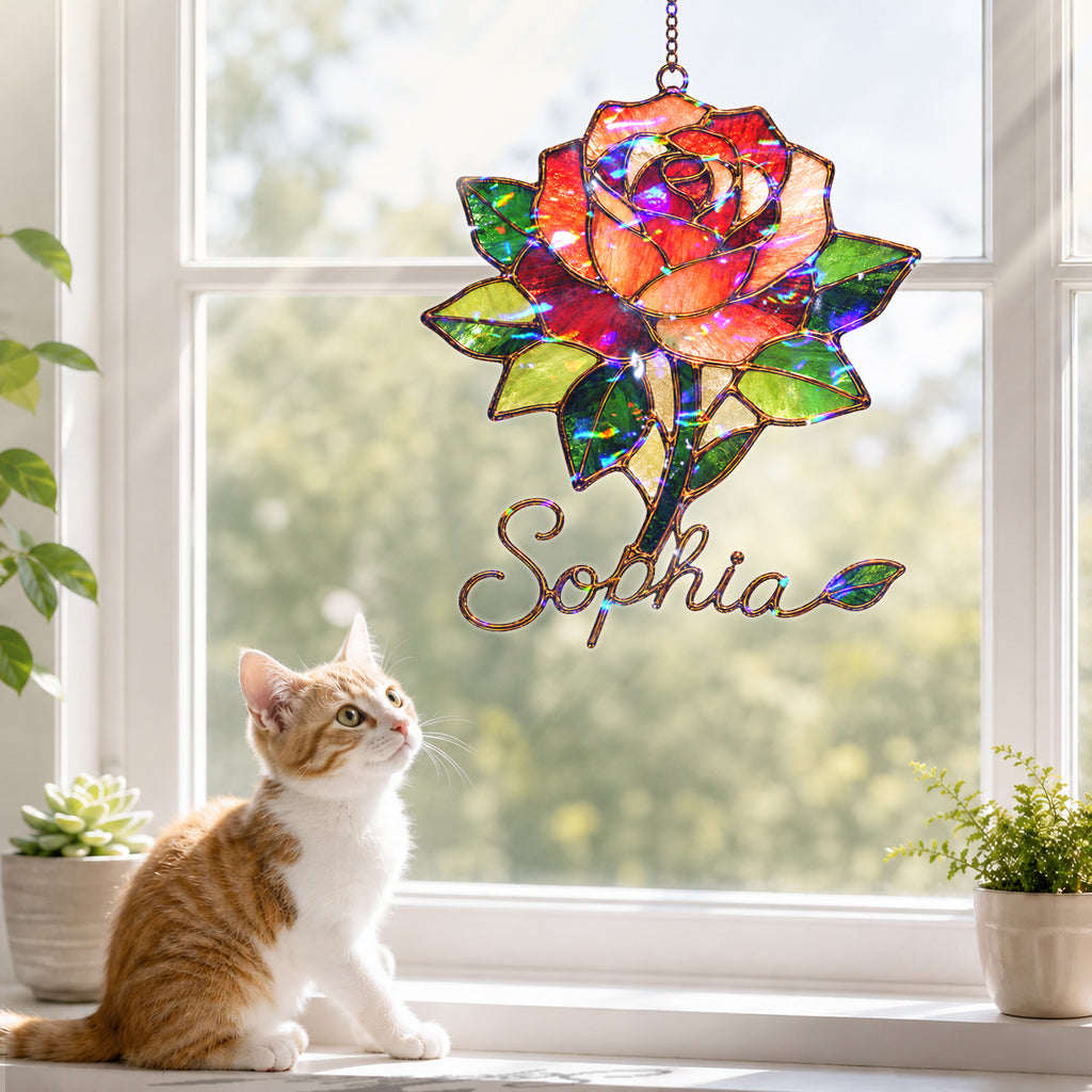 Personalized Red Rose Holographic Acrylic Suncatcher
