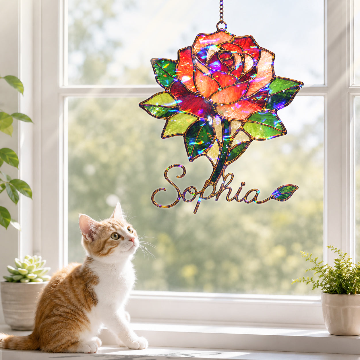 Personalized Red Rose Holographic Acrylic Suncatcher