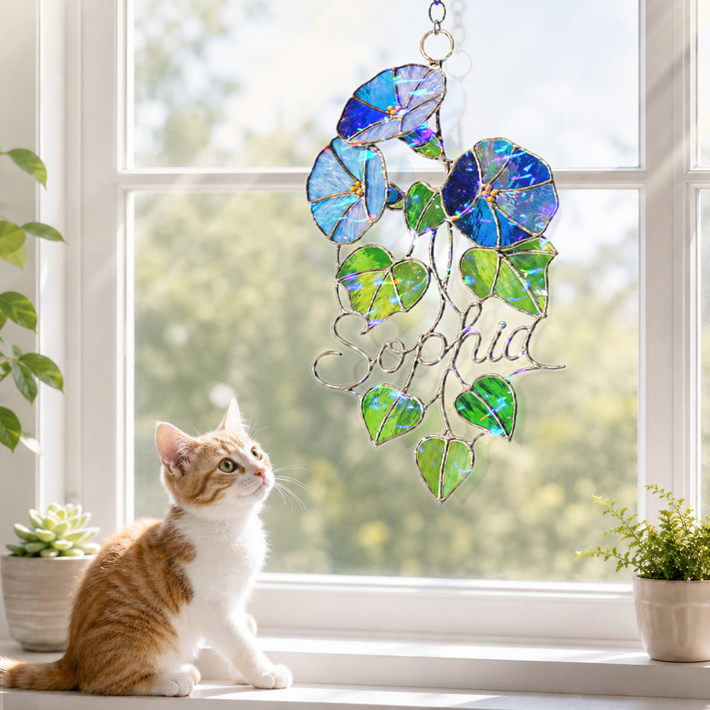 Personalized Blue Morning Glory Holographic Acrylic Suncatcher