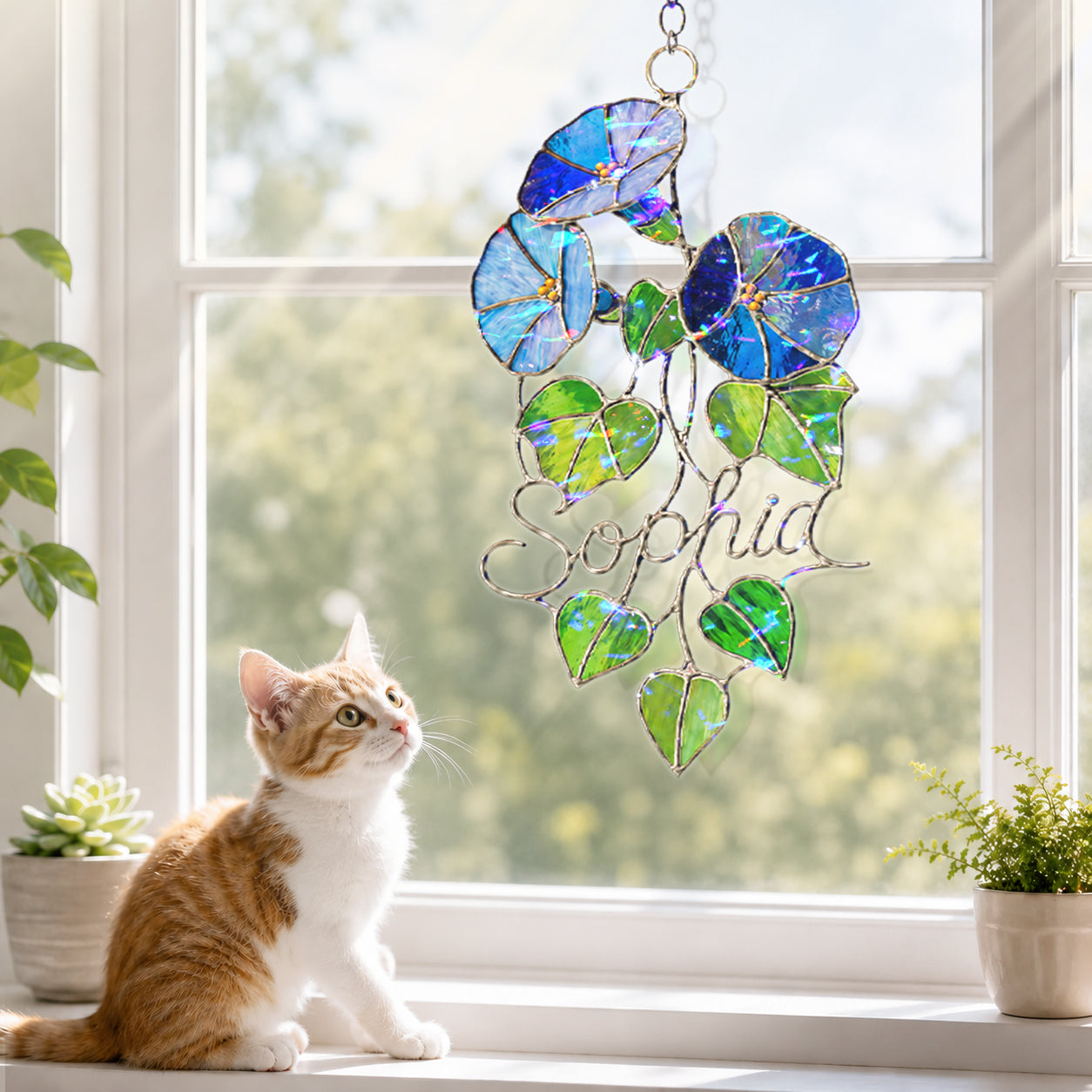 Personalized Blue Morning Glory Holographic Acrylic Suncatcher