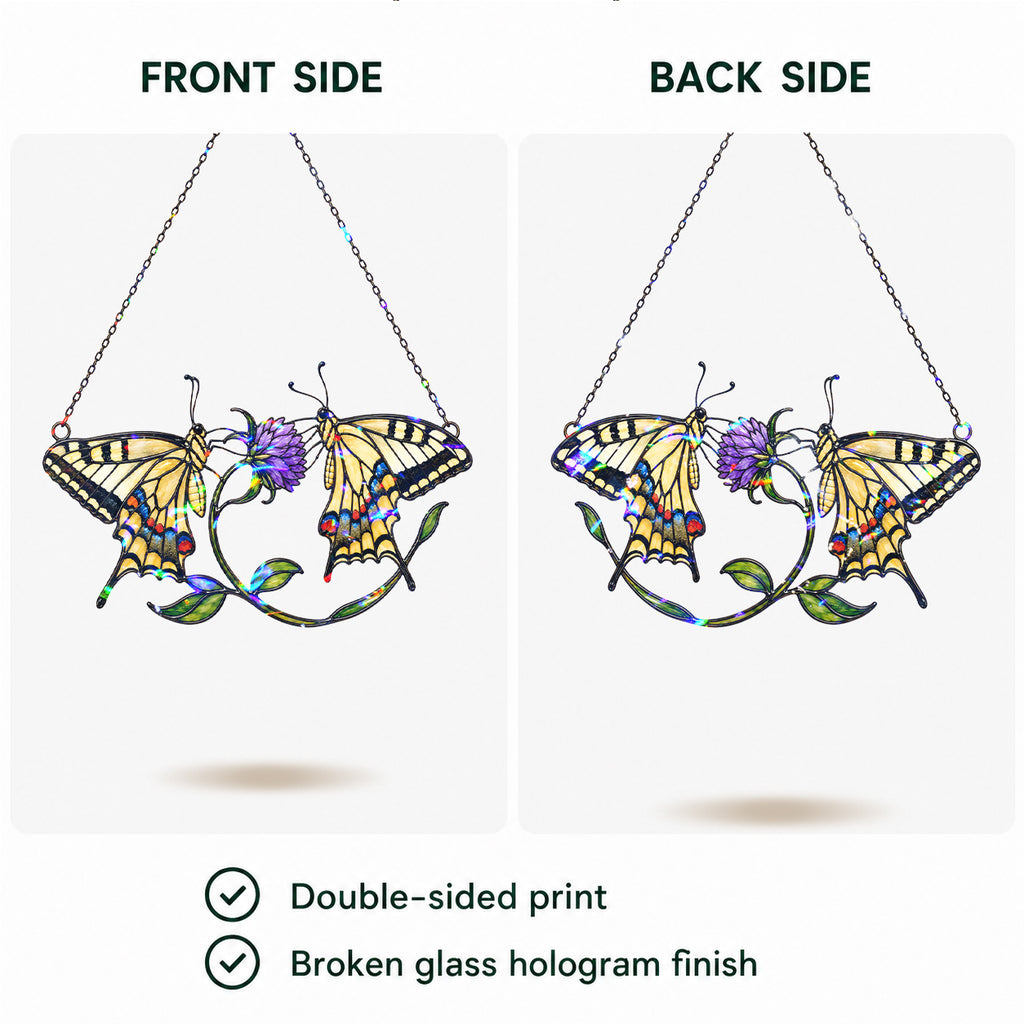 Twin Swallowtail Butterflies & Purple Clover Holographic Acrylic Suncatcher