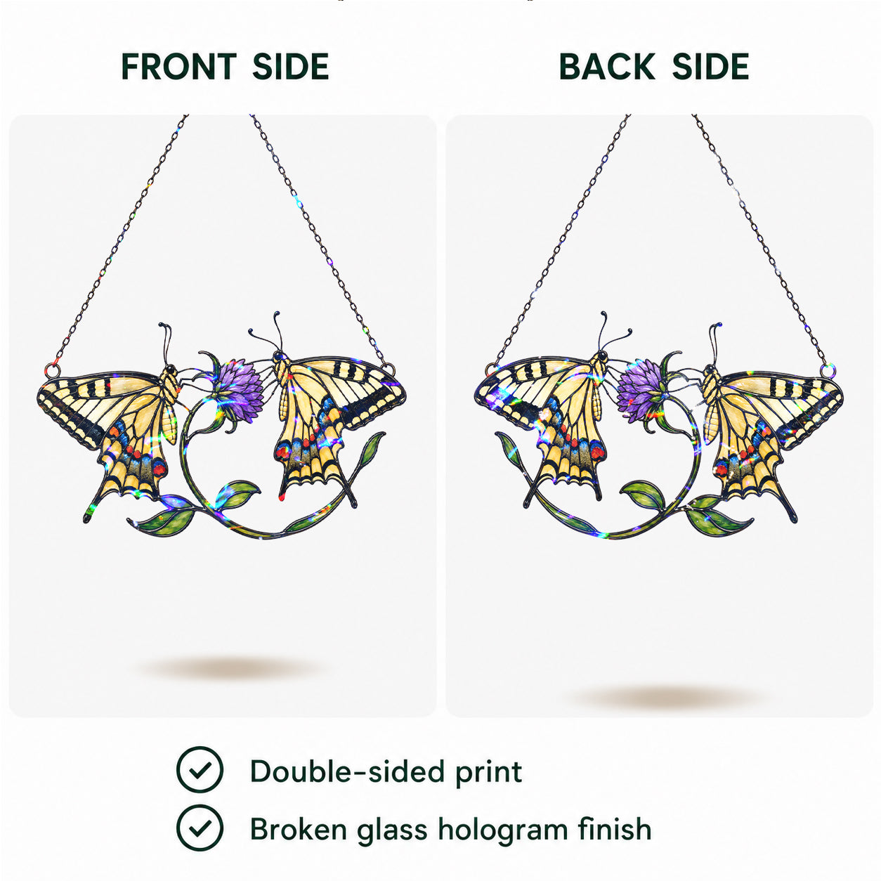 Twin Swallowtail Butterflies & Purple Clover Holographic Acrylic Suncatcher