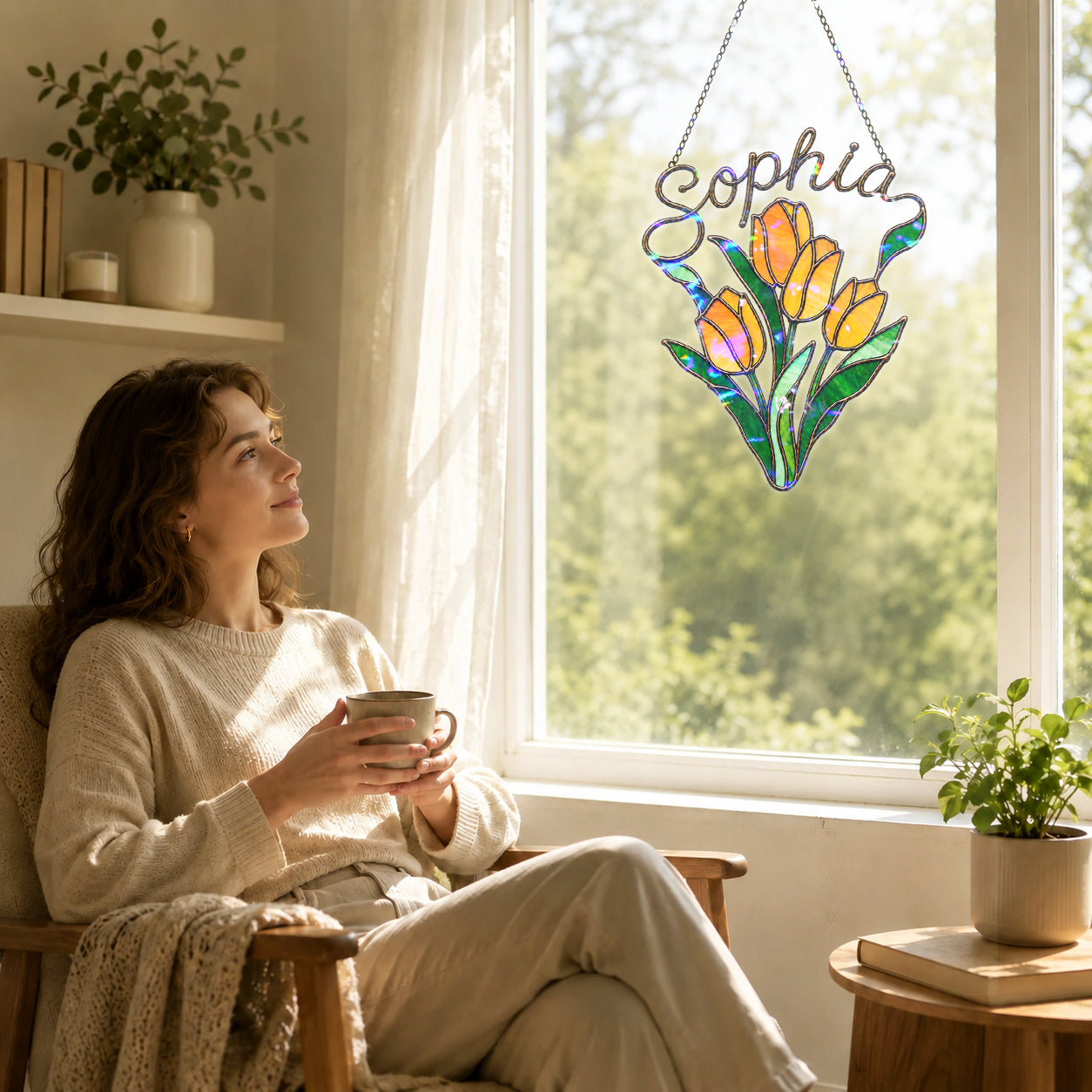 Personalized Yellow Tulip Bouquet Holographic Acrylic Suncatcher