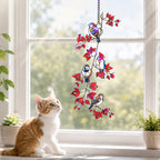 Sparrows & Cardinal on Red Leaf Vine Holographic Acrylic Suncatcher