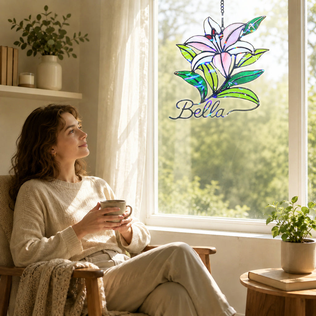 Personalized Pink Lily Flower Holographic Acrylic Suncatcher