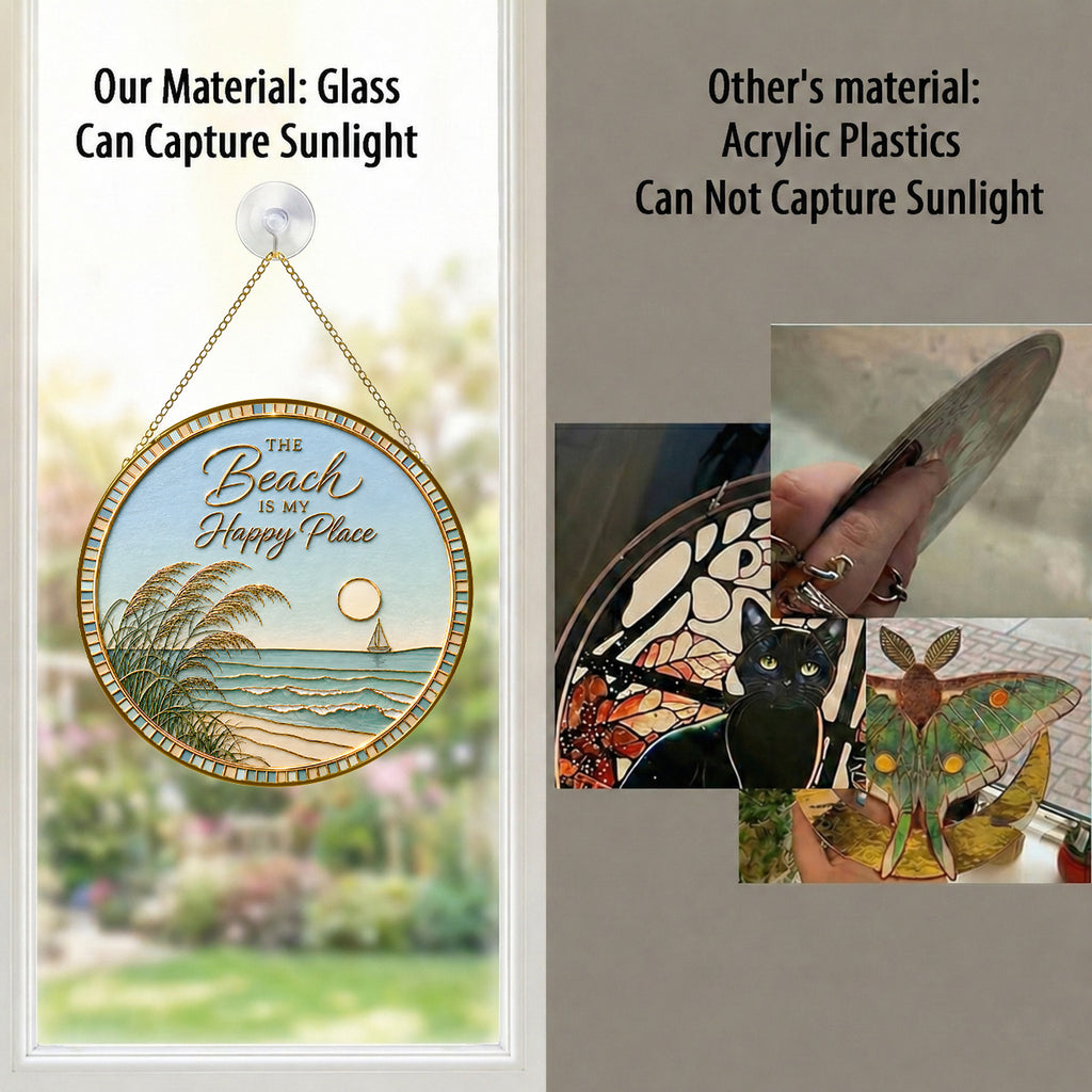 [PIXIWOO] Stained Glass Suncatcher Beach Window Hanging Decor, The Beach Is My Happy Place Ocean Acrylic Ornament, Coastal Wall Art, Beach House Sun Catcher Gift for Ocean Lovers