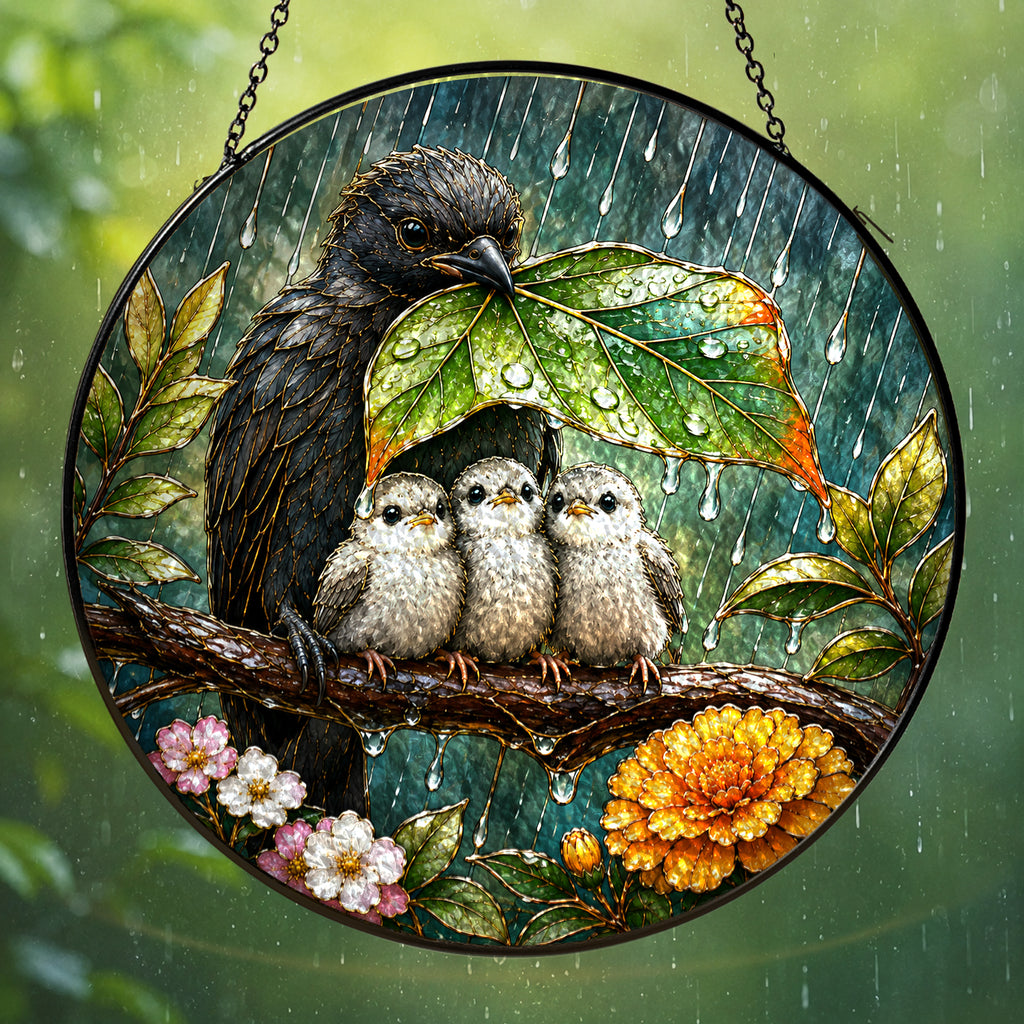 Sheltering Bird Family Stained Glass Suncatcher