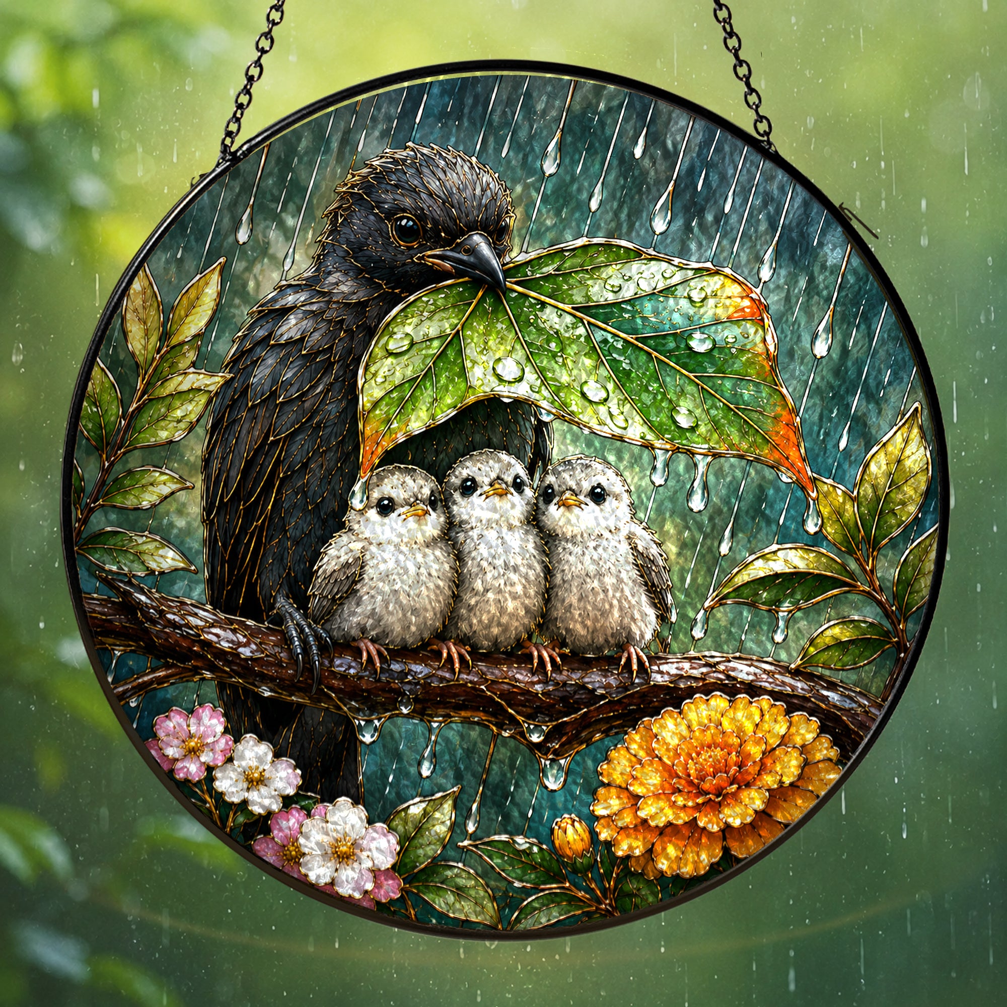 Sheltering Bird Family Stained Glass Suncatcher