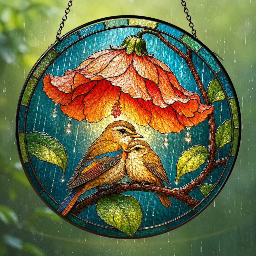 Lovebirds Flower Umbrella Stained Glass Suncatcher