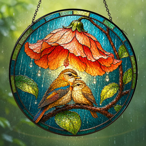 Lovebirds Flower Umbrella Stained Glass Suncatcher
