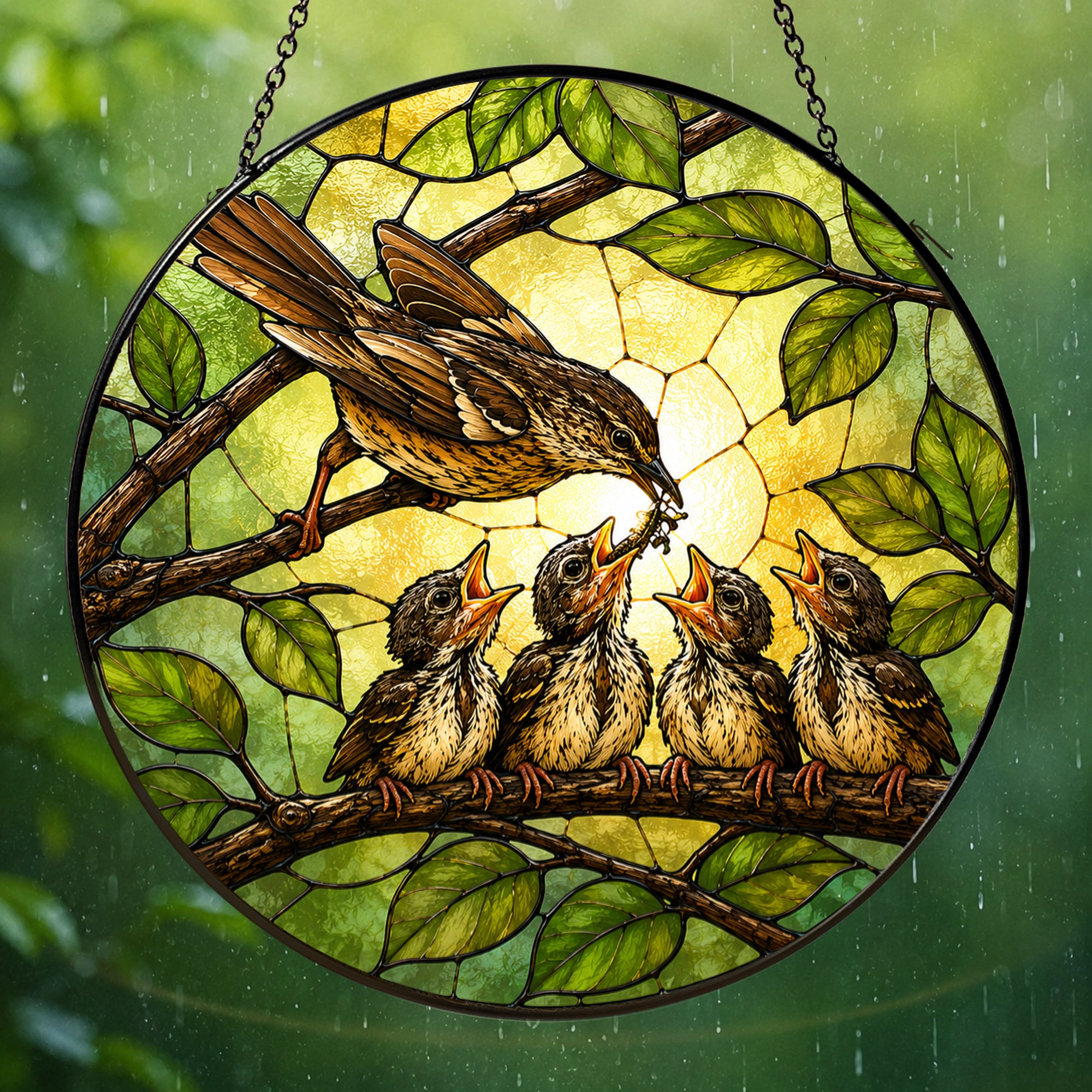 Mother Bird Feeding Chicks Stained Glass Suncatcher