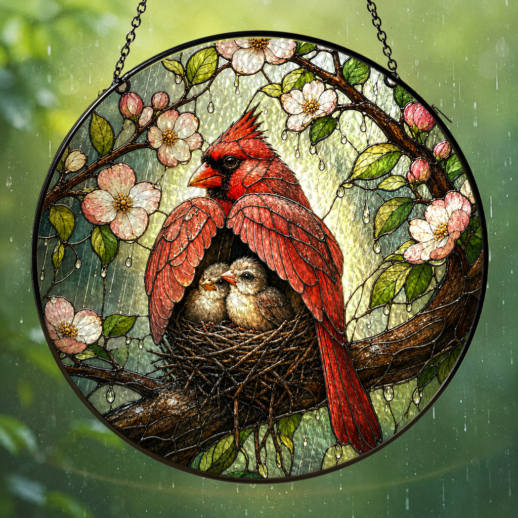 Cardinal Couple & Nest Stained Glass Suncatcher