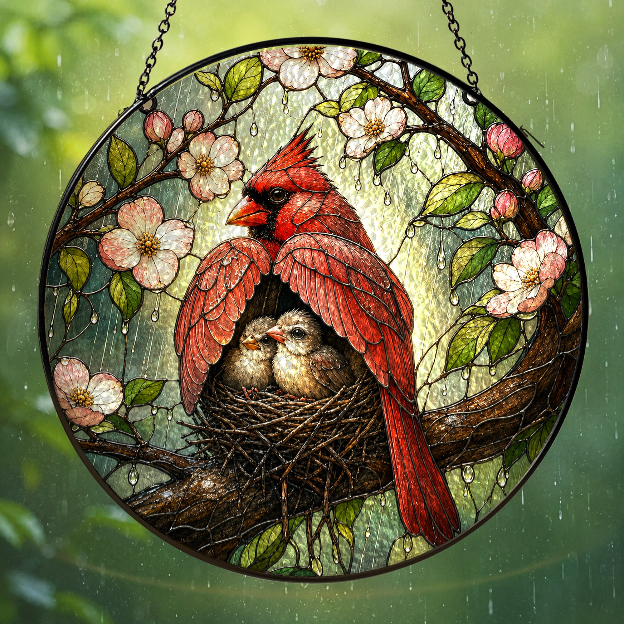 Cardinal Couple & Nest Stained Glass Suncatcher