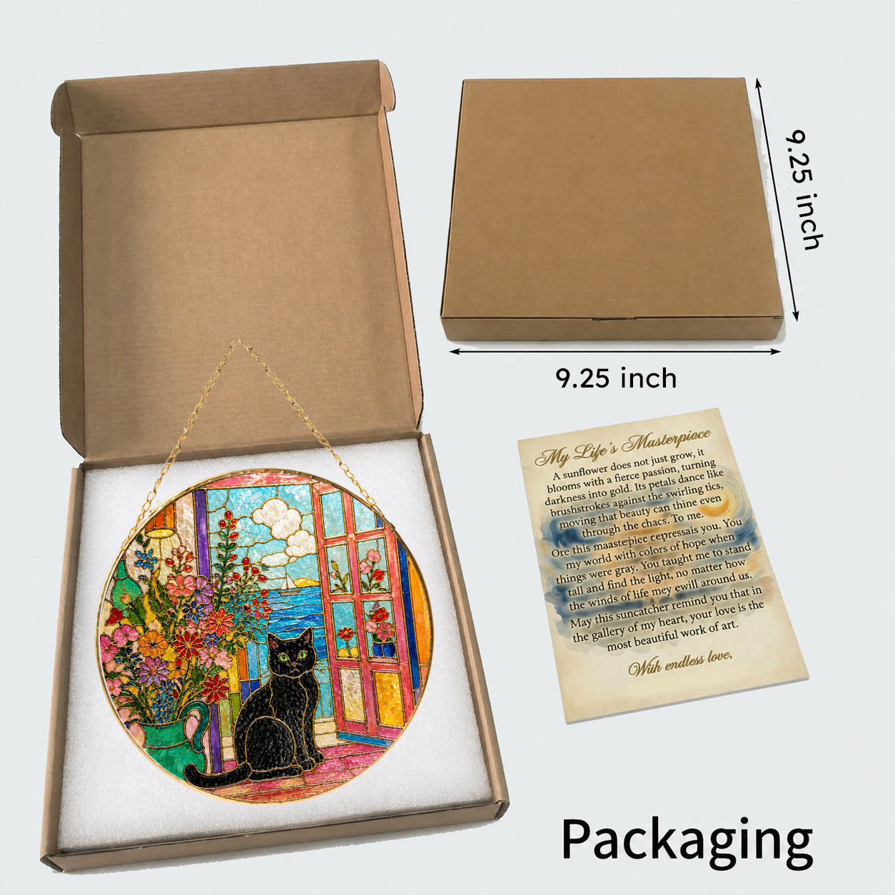Black cat window stained glass suncatcher gift box packaging