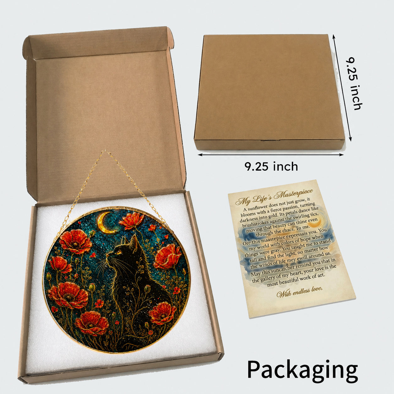 Black cat and red poppies stained glass suncatcher gift box packaging