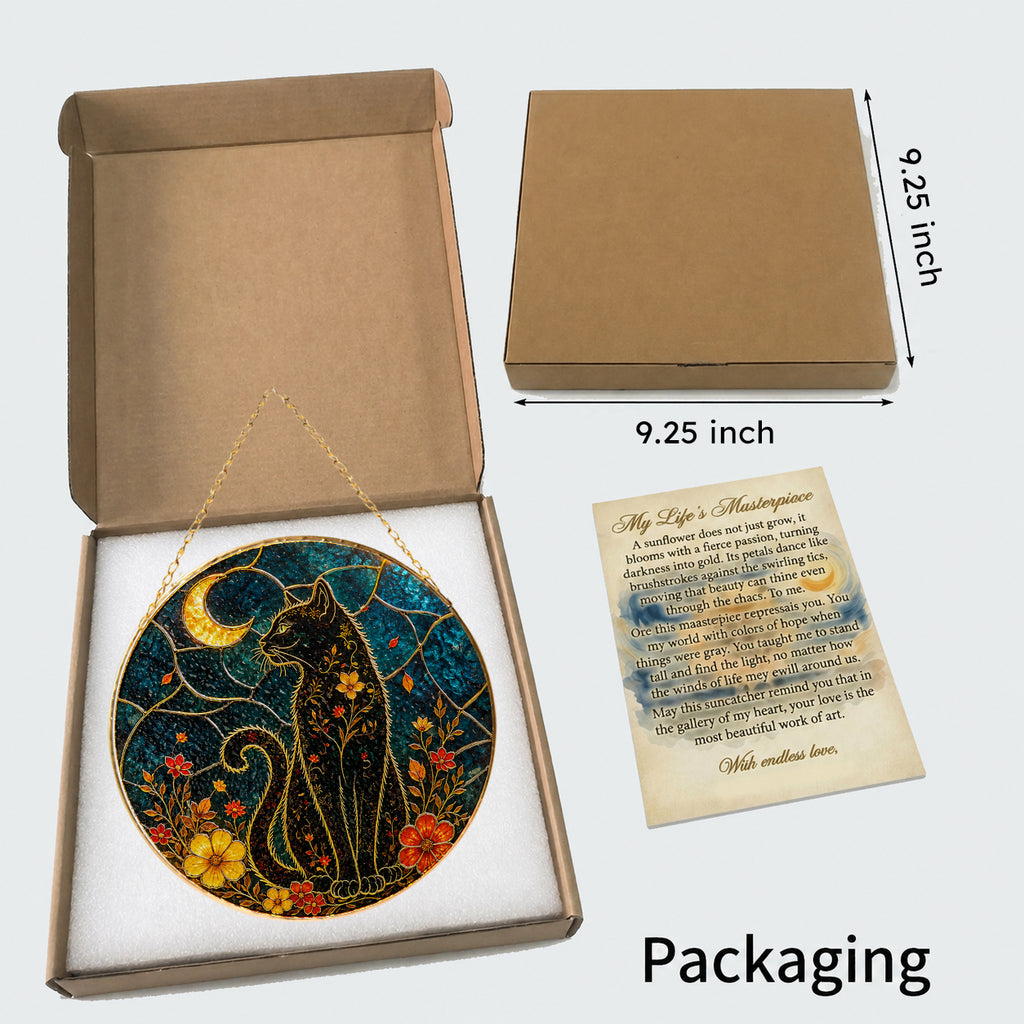 Black cat crescent moon stained glass suncatcher gift box packaging