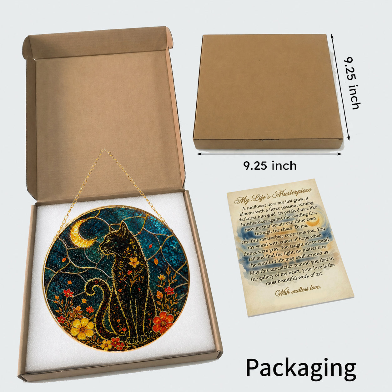Black cat crescent moon stained glass suncatcher gift box packaging