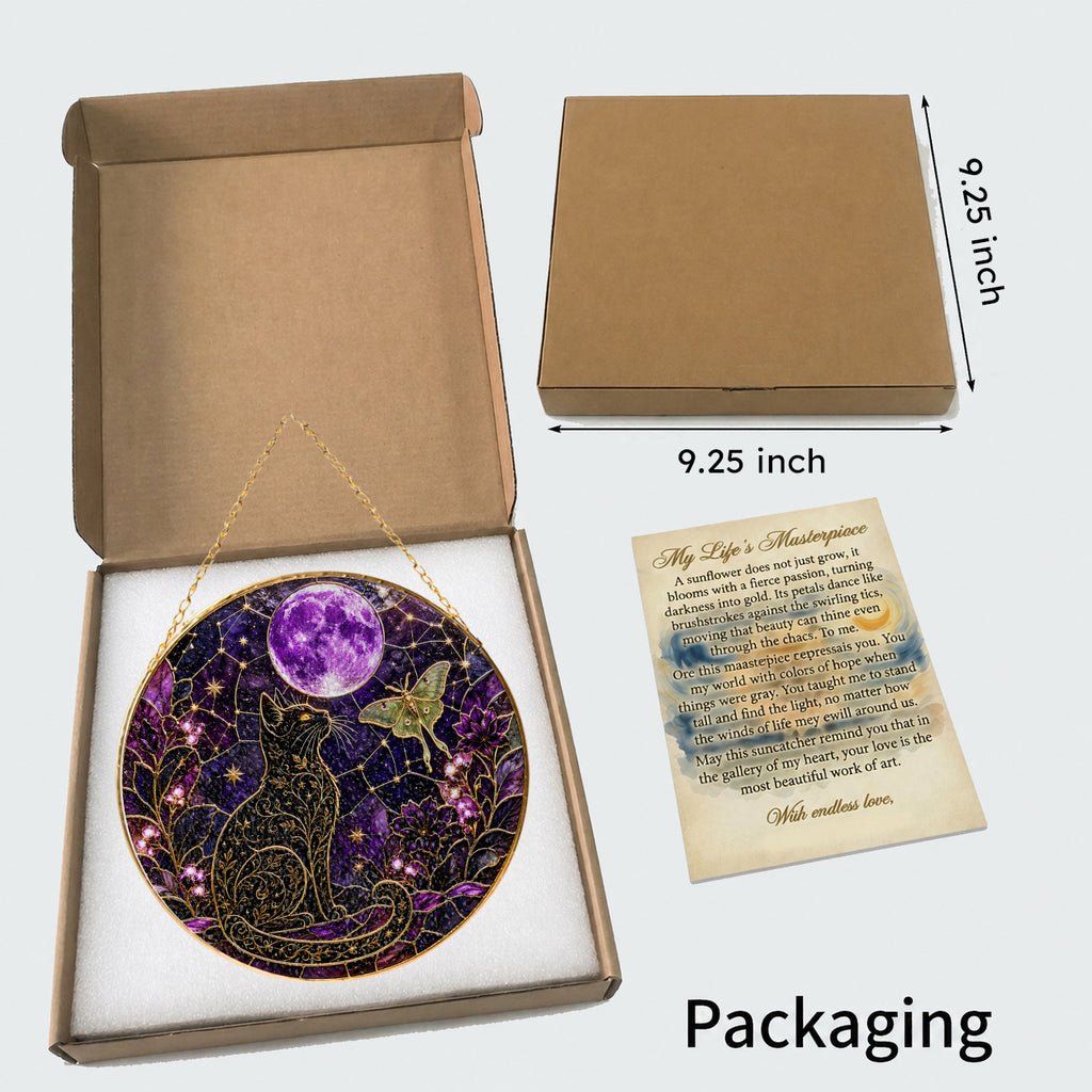 Celestial cat and purple moon stained glass suncatcher gift box packaging