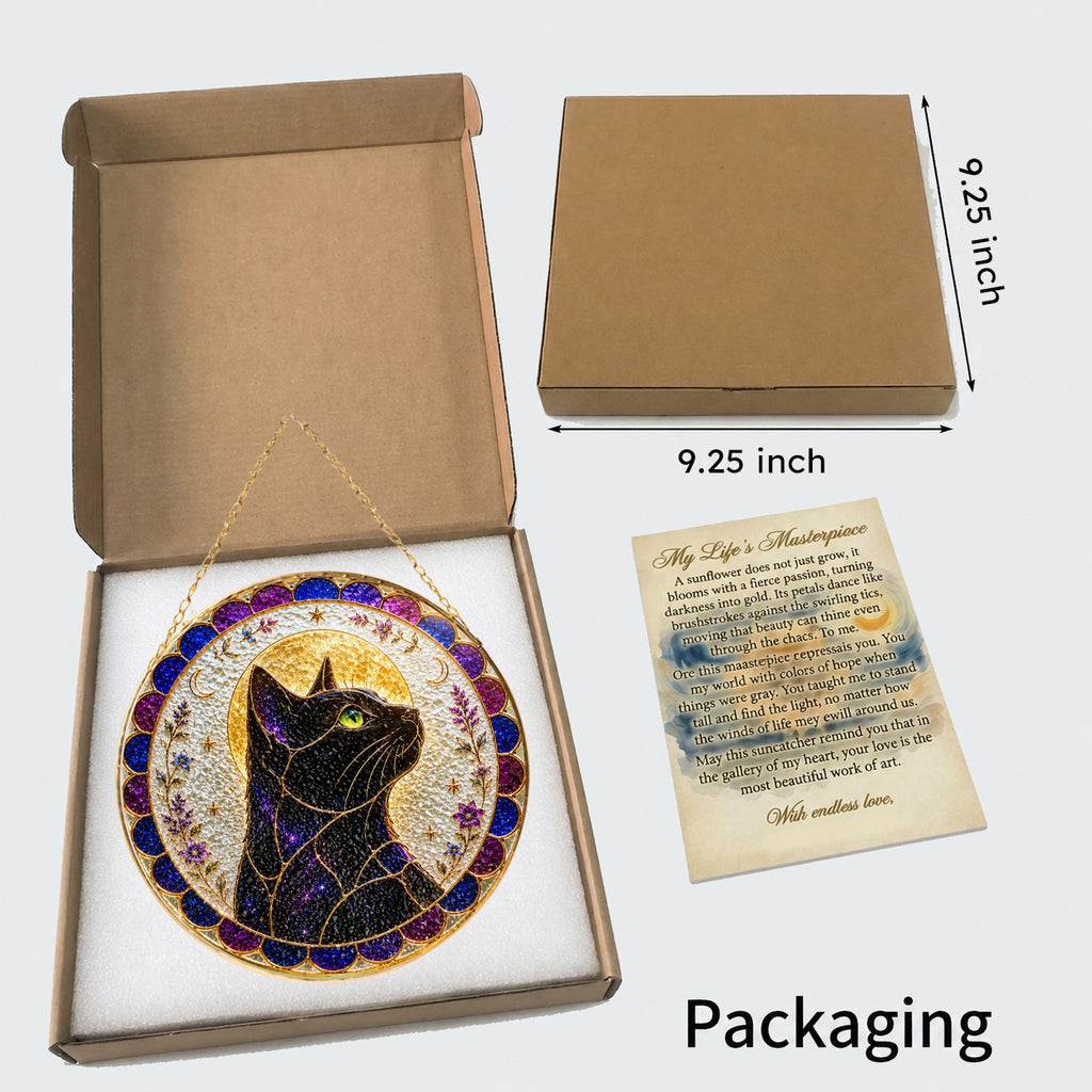 Mystical cat moon mandala stained glass suncatcher gift box packaging