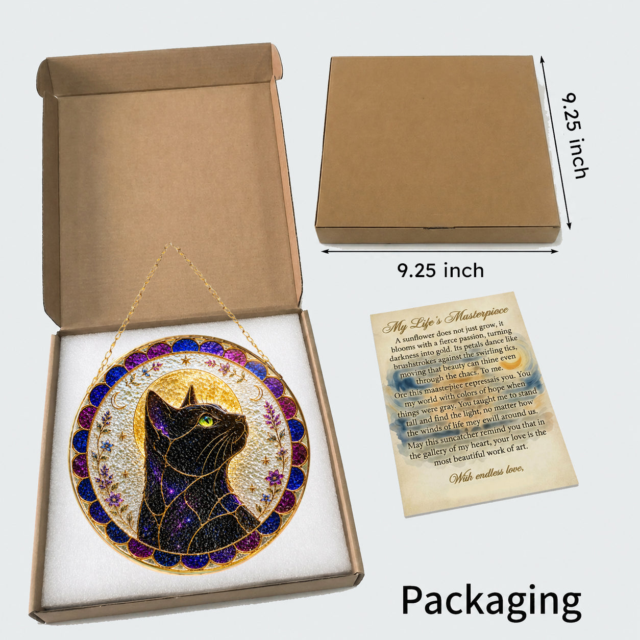 Mystical cat moon mandala stained glass suncatcher gift box packaging
