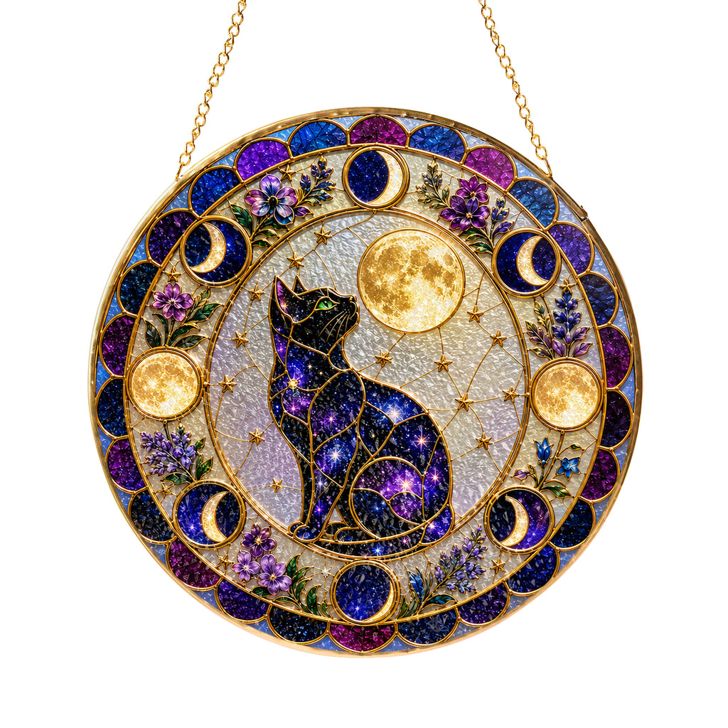 Galaxy cat moon phases stained glass suncatcher gift box packaging