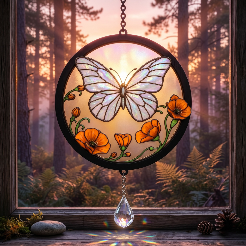 Butterfly Stained Glass Suncatcher Window Hanging with Crystal Prism