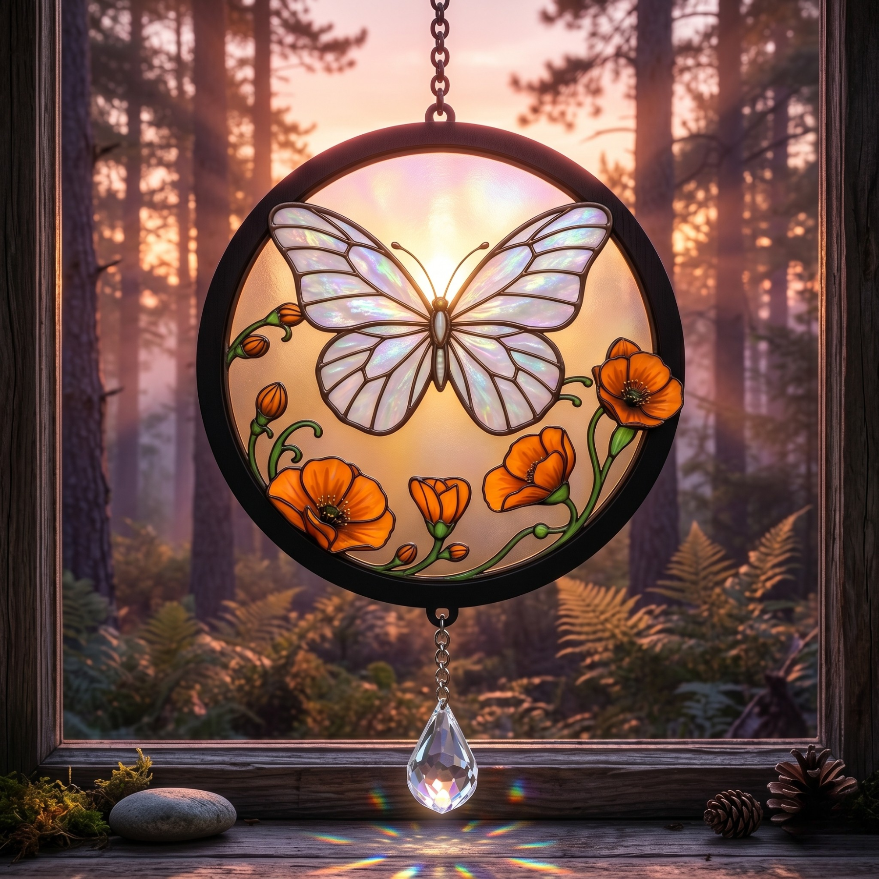 Butterfly Stained Glass Suncatcher Window Hanging with Crystal Prism