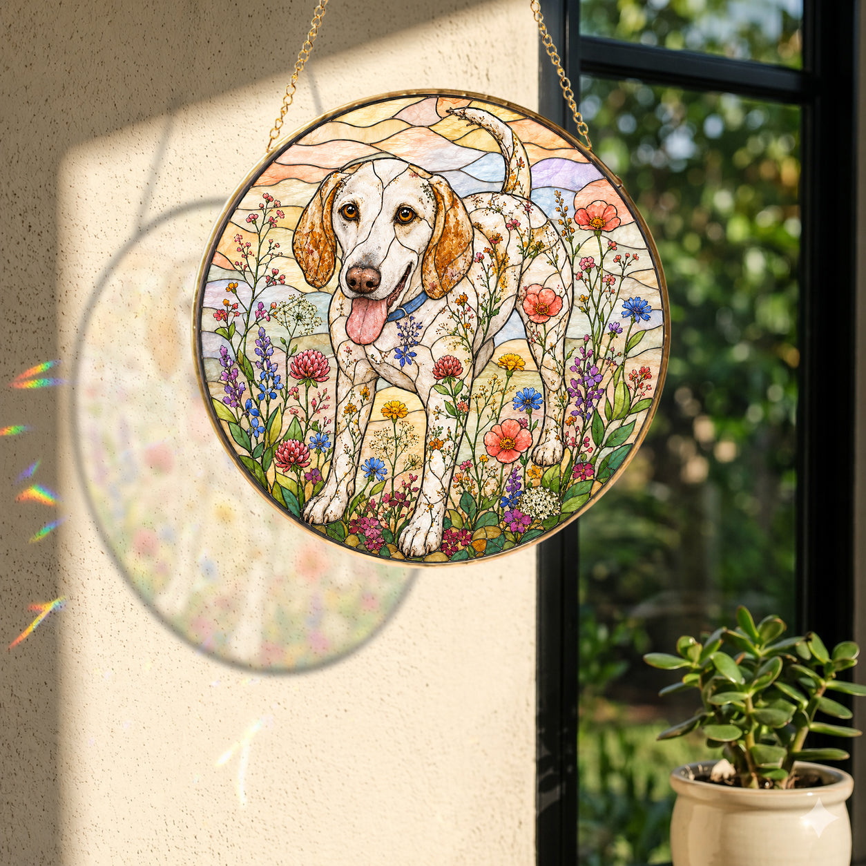 Dog & Wildflowers Stained Glass Suncatcher
