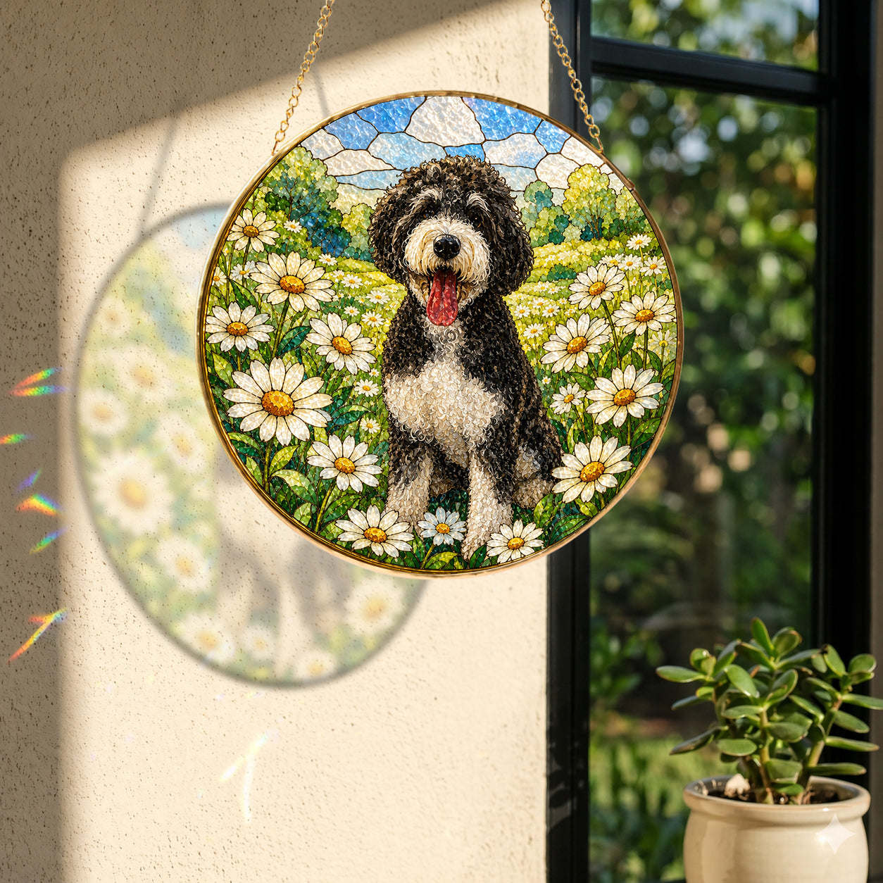 Doodle Dog in Daisy Field Suncatcher hanging in a window