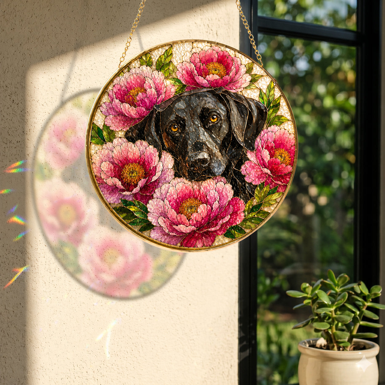Black Lab & Peonies Glass Suncatcher hanging in a window