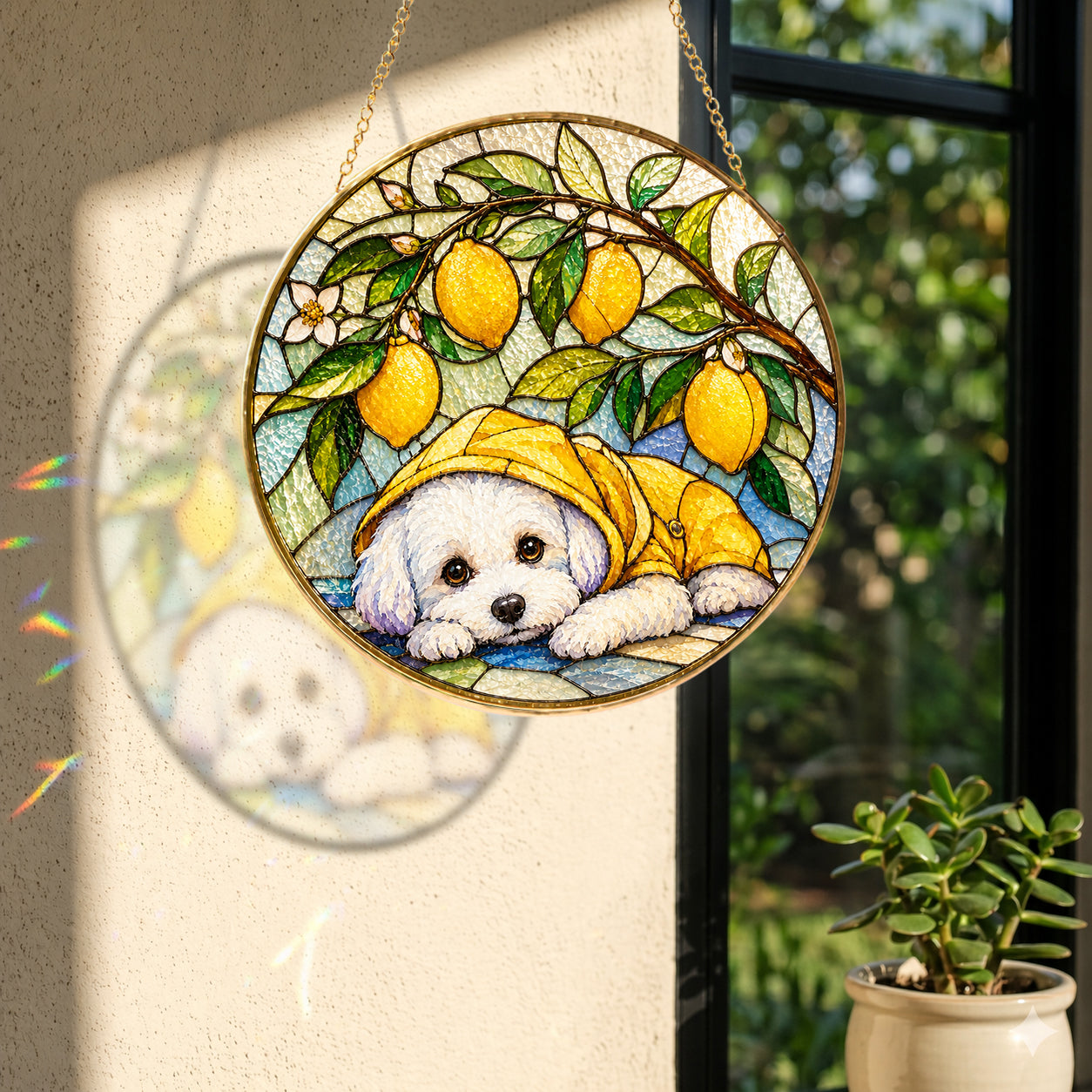 White Puppy & Lemons Glass Suncatcher hanging in a window