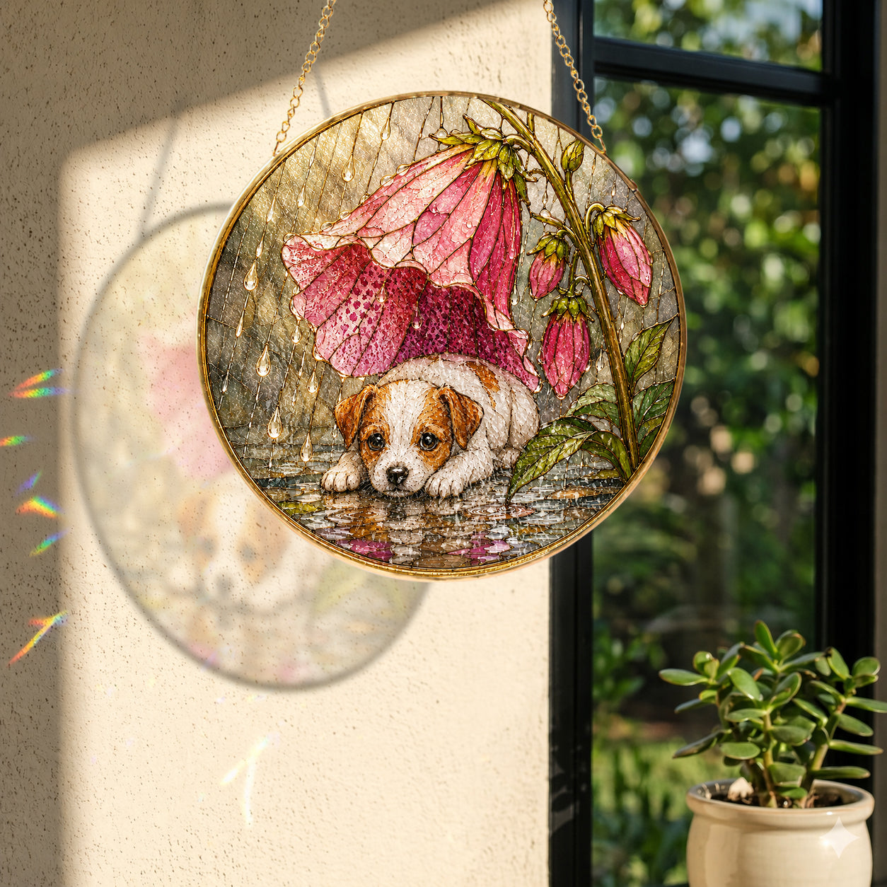 Puppy & Pink Flower Rain Suncatcher hanging in a window