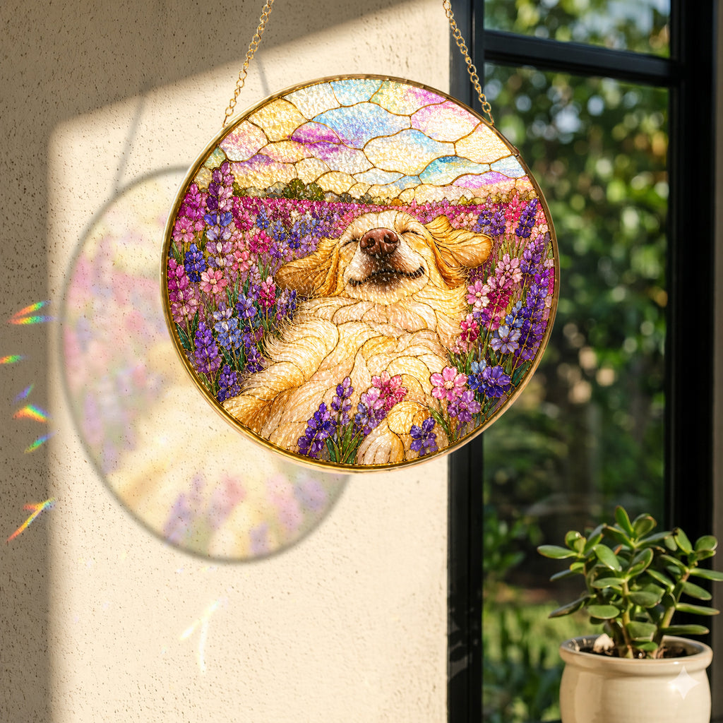 Golden Pup in Lavender Field Suncatcher hanging in a window