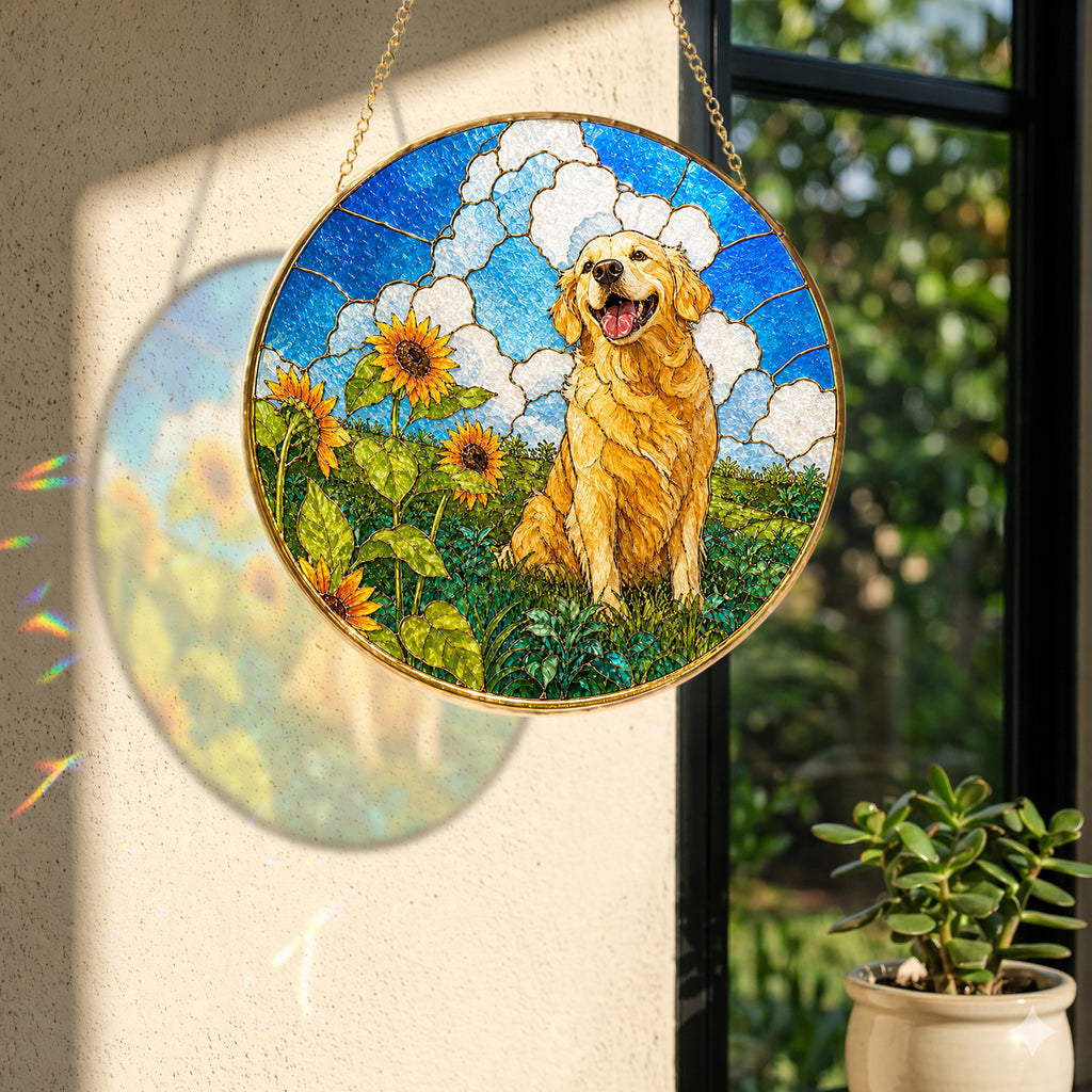 Golden Retriever Sunflower Field Suncatcher hanging in a window