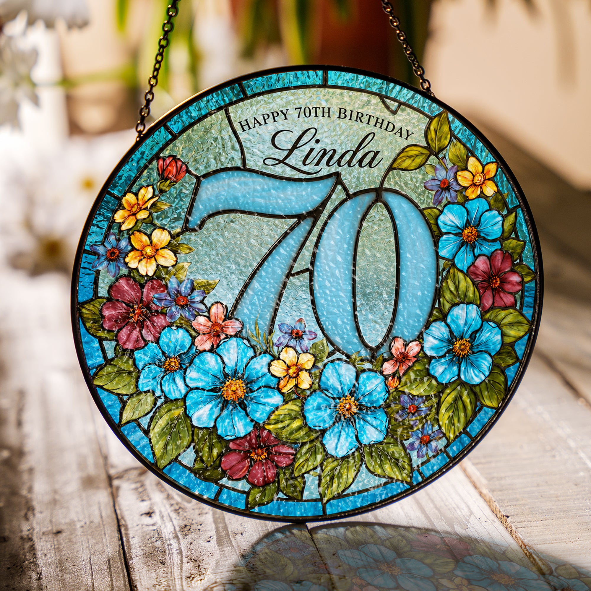 Personalized 70th Birthday Suncatcher – Custom Name Floral Stained Glass Window Hanging Gift