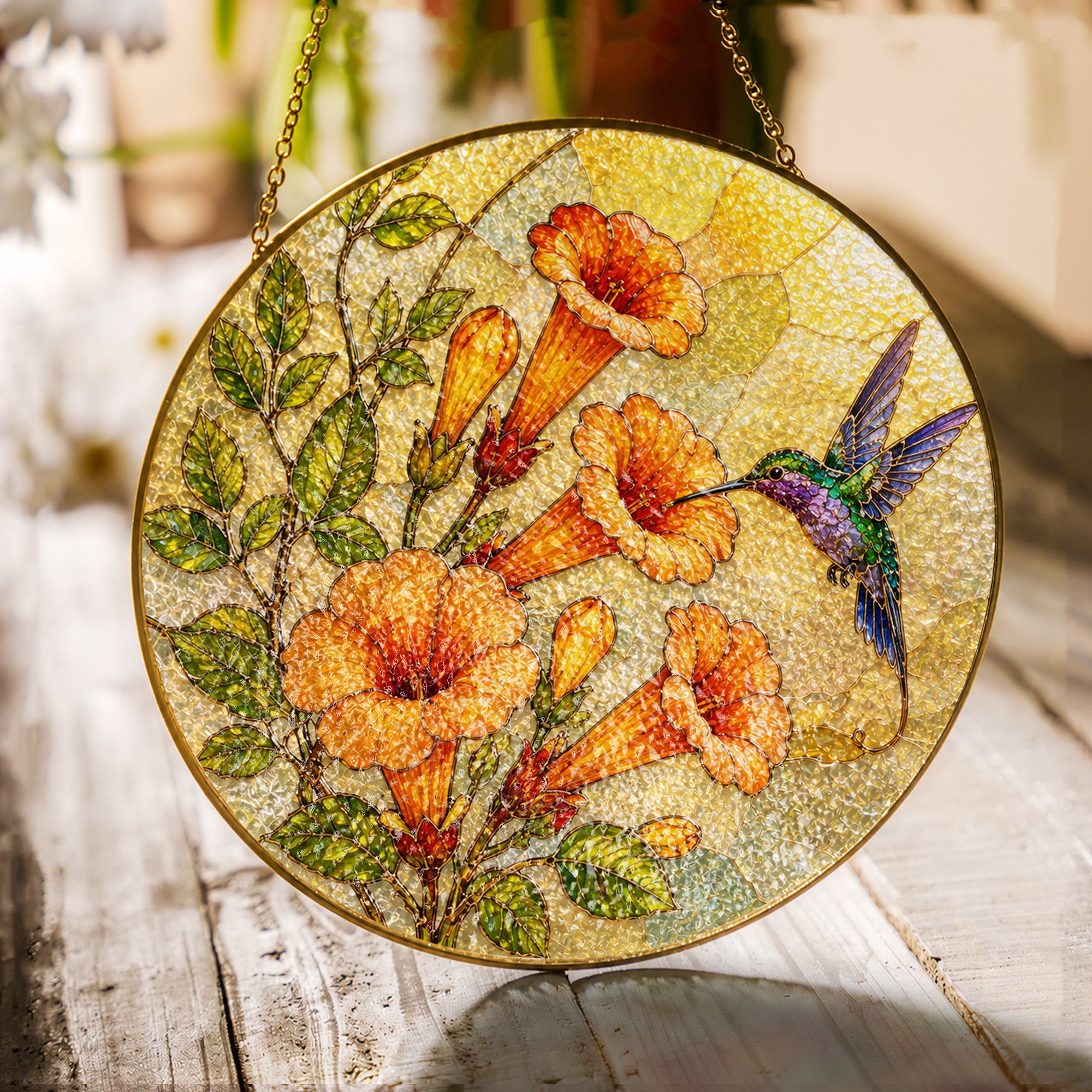 Hummingbird & Trumpet Flower Stained Glass Suncatcher