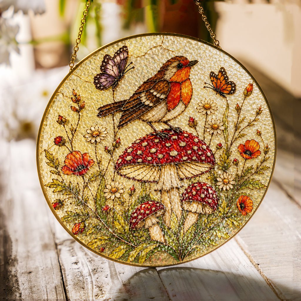 Robin & Mushroom Stained Glass Suncatcher