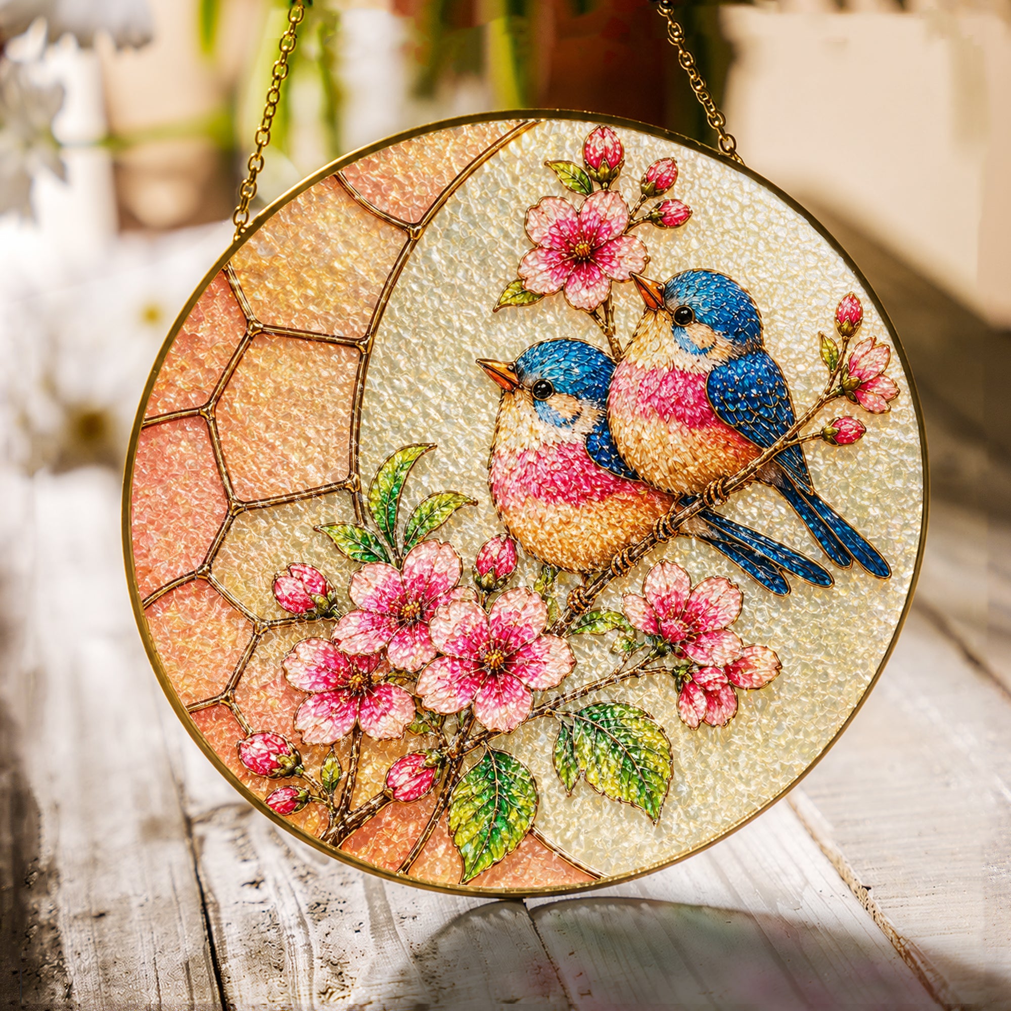 Bluebird & Cherry Blossom Stained Glass Suncatcher