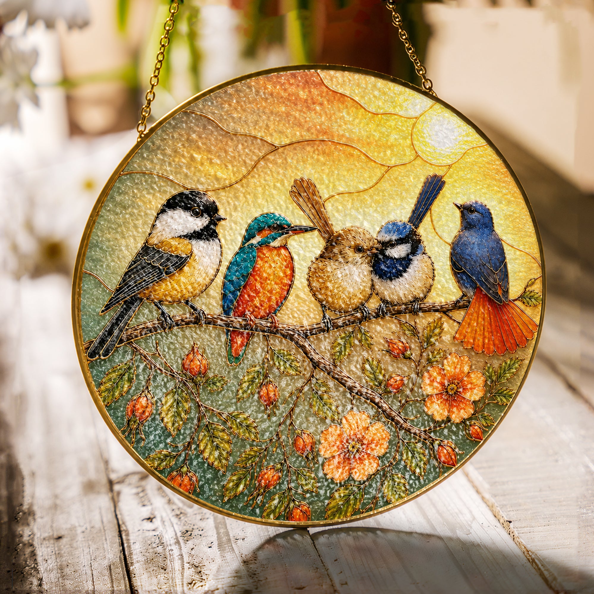 Colorful Birds on a Branch Stained Glass Suncatcher