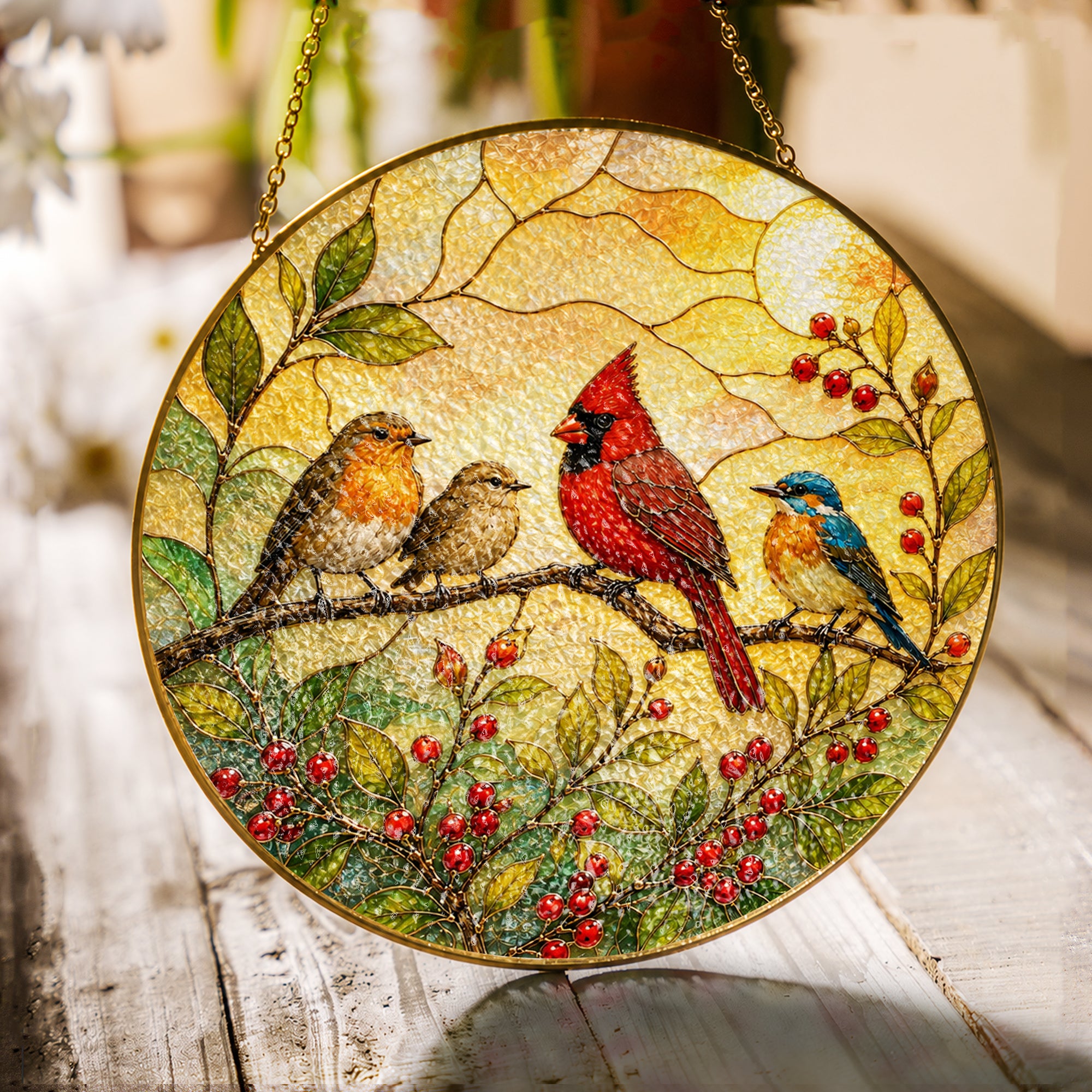 Cardinal & Songbirds Stained Glass Suncatcher