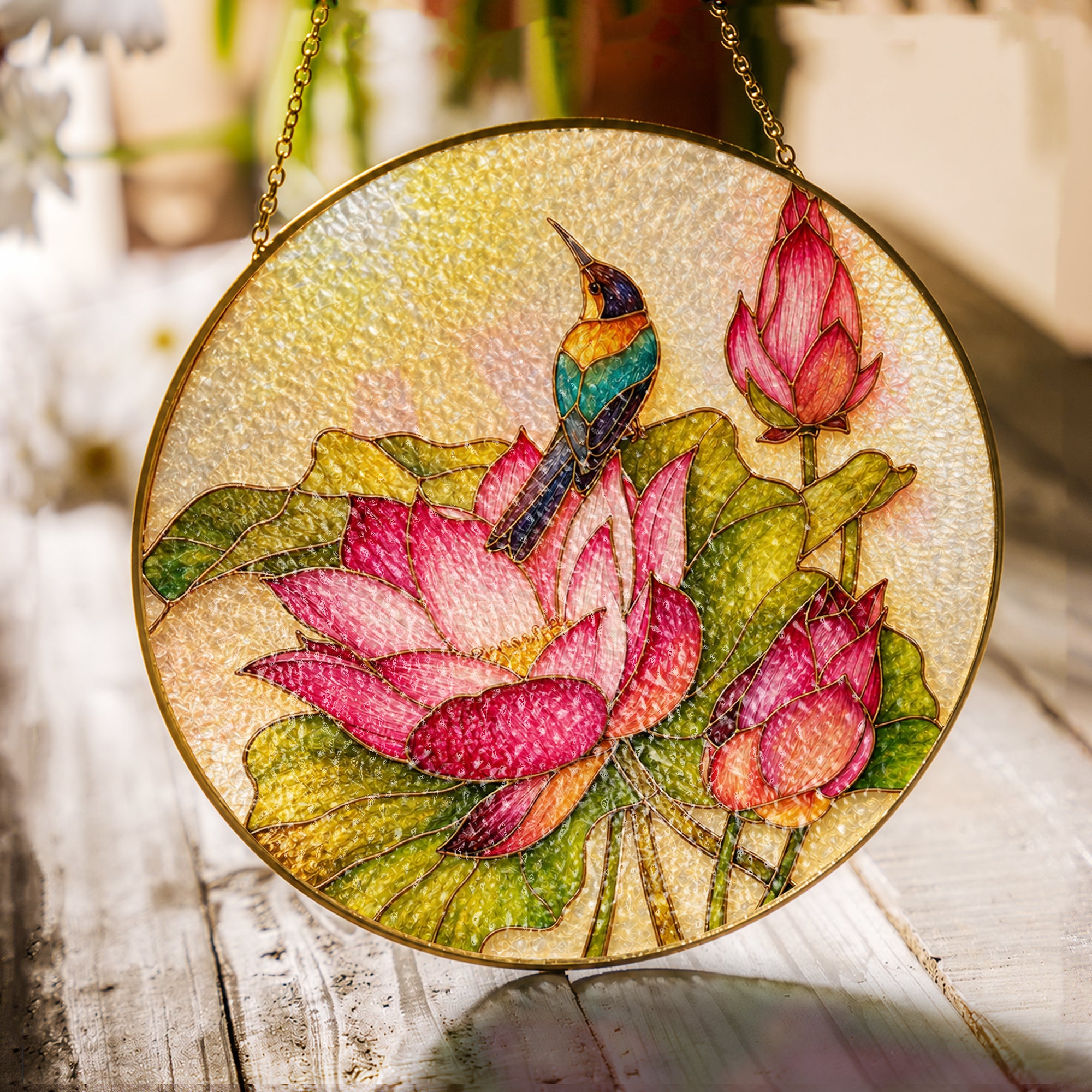 Kingfisher & Lotus Stained Glass Suncatcher